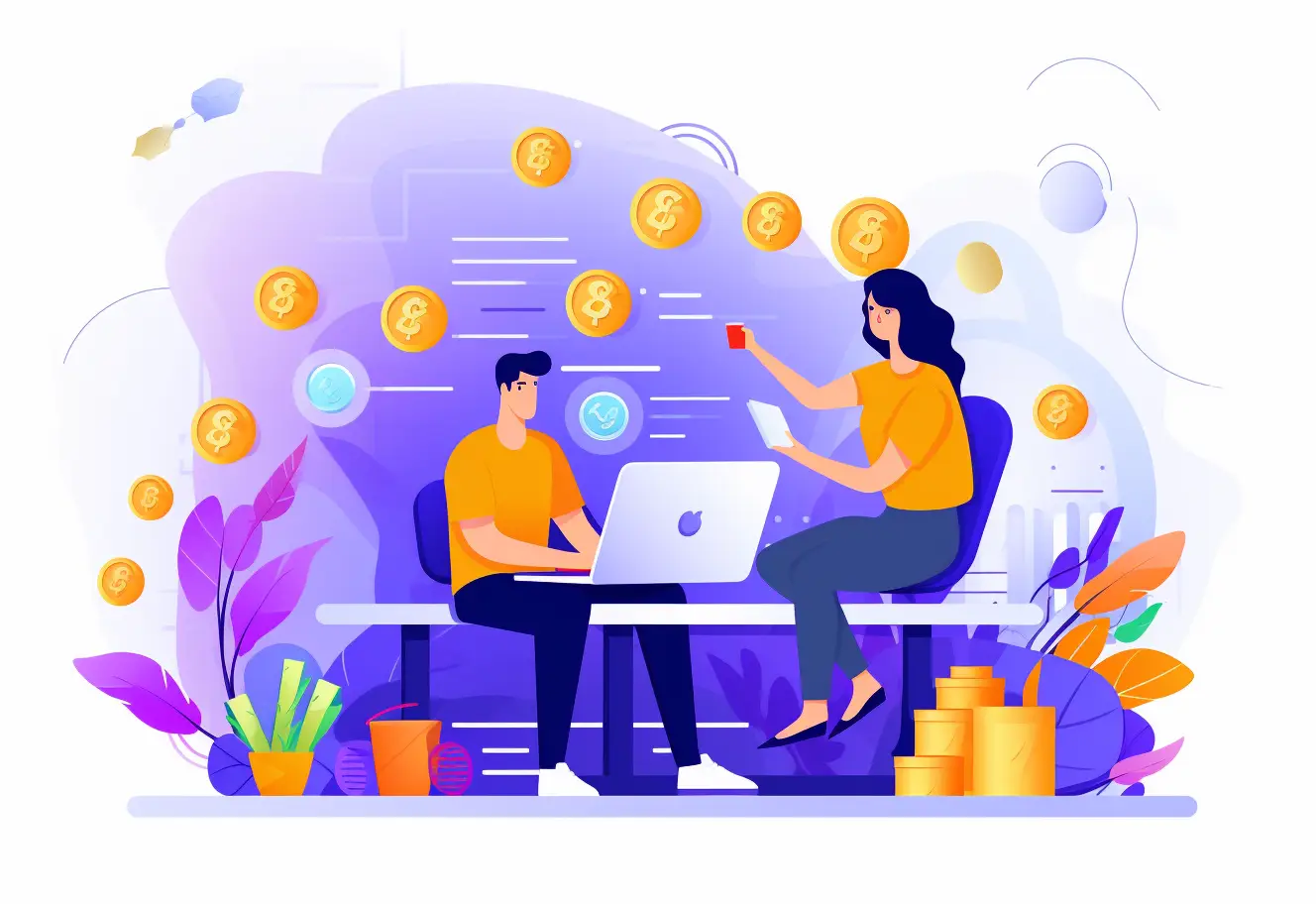 A design with people looking over a laptop screen with money and icons, in the style of simple, colorful illustrations, modernistic forms, combining natural and man