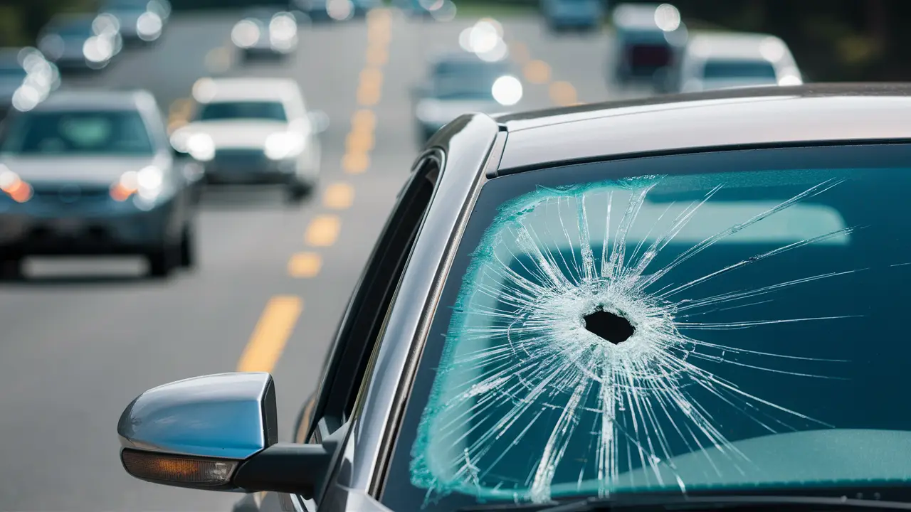 show a close-up of a car windshield with a visible crack or bullet hole.